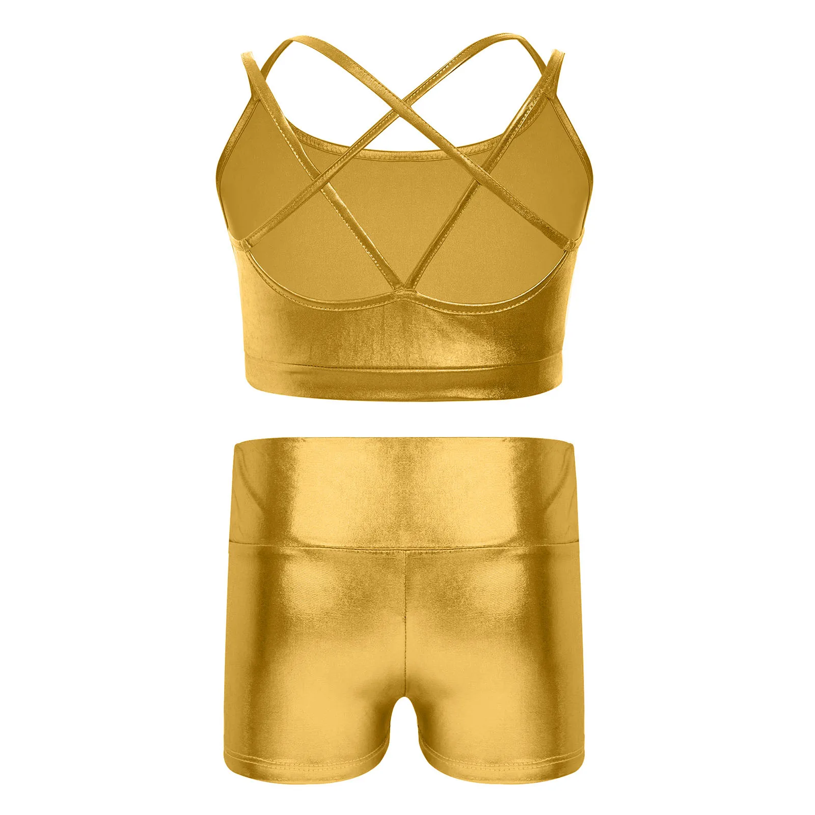 Kids Girls Metallic Jazz Dance Crop Top with Shiny Shorts Ballet Workout Fitness Gymnastics Figure Skating Performance Dancewear