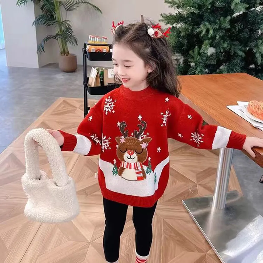 Kids Girls Christmas Deer Pullover Sweater 2024 Autumn/Winter New Snowflake Knitwear Baby Fashion Sweater Winter Clothing