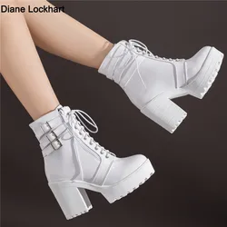 Buty damskie Buty motocyklowe Jesień Zima Buty damskie 2024 Stylowe damskie buty za kostkę Platforma na wysokim obcasie Sexy Botas Buckle White