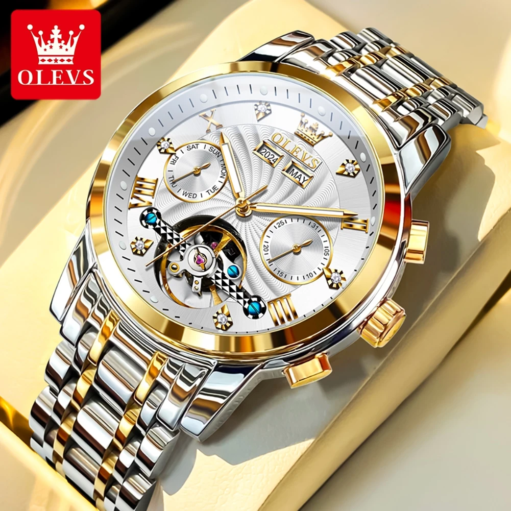 OLEVS 7088 reloj Original de lujo para hombre, cronógrafo con fecha, reloj mecánico resistente al agua de acero inoxidable para hombre, nuevo