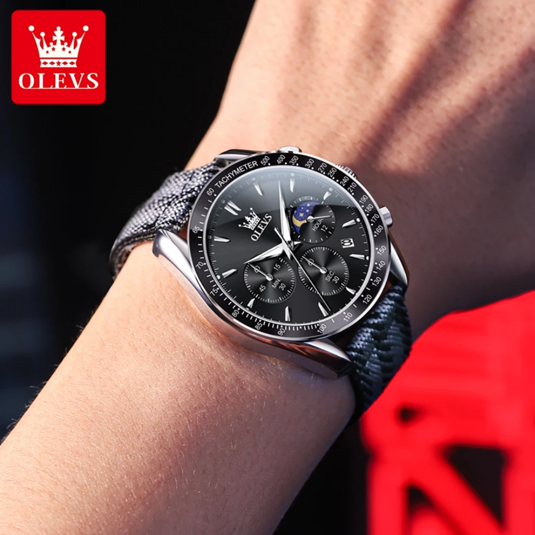 OLEVS 3630 Sport Quartz Watch Gift Round-dial Nylon Watchband Wristwatch Moon Phase Calendar Luminous