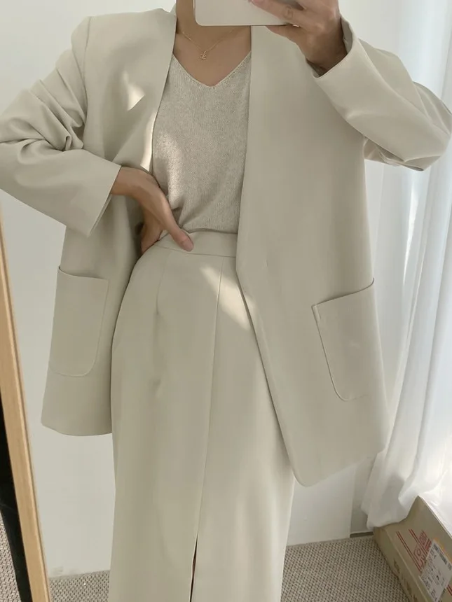 Chic V-Ne Loose Belted Suit Jaet And High Waist Split  Skirt Women's Faion Set Autumn 2025 Trendy Workwear Ensemble