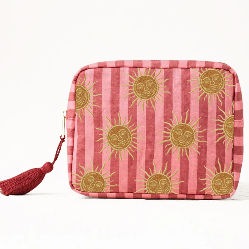 

Женская квадратная большая вместительная холщовая полосатая косметичка с принтом солнца, туалетные принадлежности, дорожное и ежедневное хранение