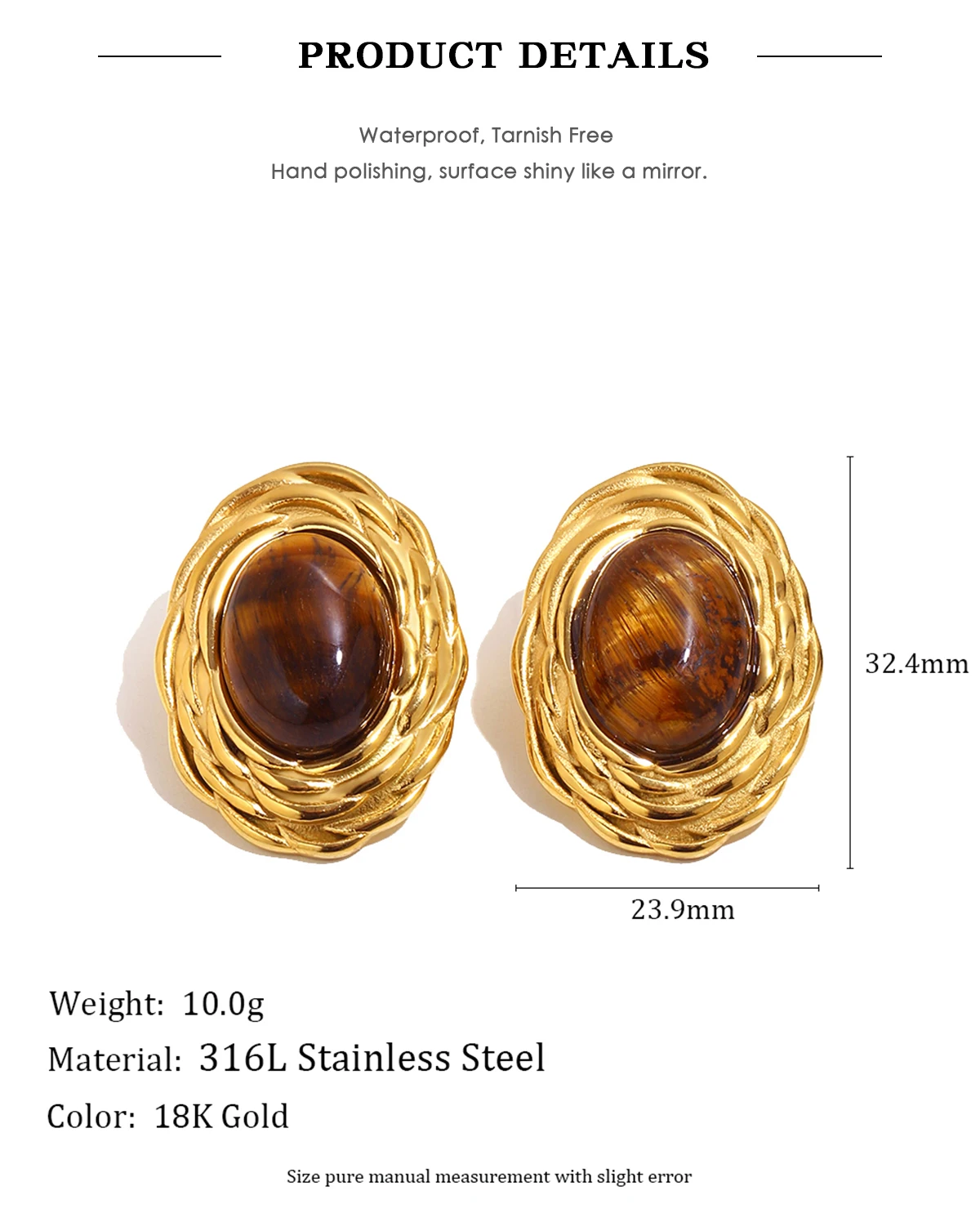E.B.belle Retro Ovale Tigerauge Ohrstecker 18K Vergoldeter Edelstahl Ohrringe Luxus-Schmuck für Frauen Ohrring Geschenk – Detail 3