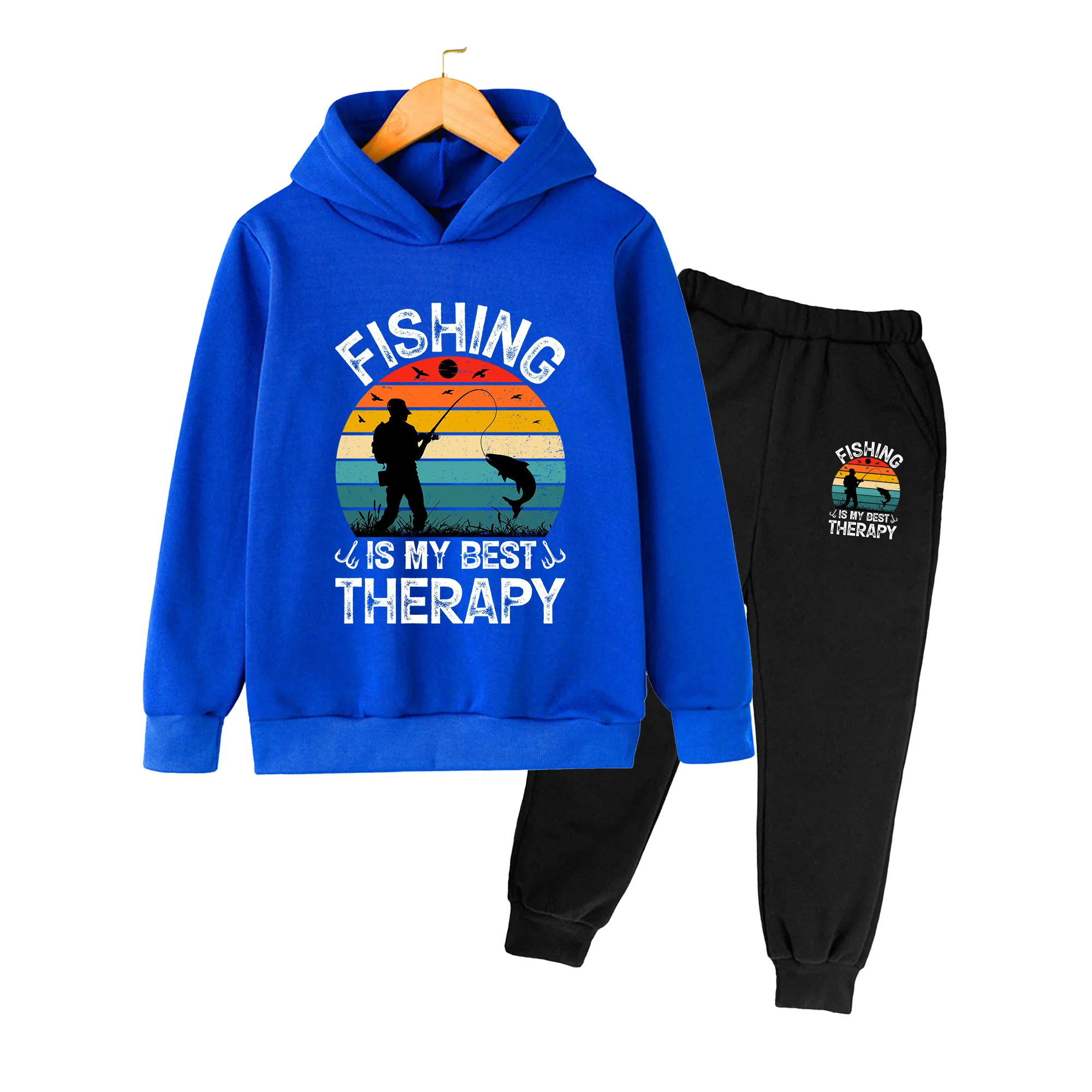 Kids Hoodie and Sweatpants Set Retro Fishing Print Casual Sportswear for Boys Girls Outdoor Camping Fishing Daily Wear