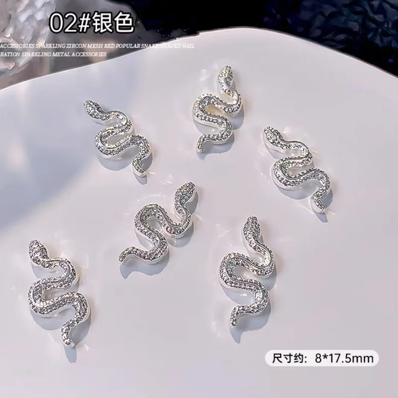 10pcs 3D Silver Snake  Nail Charms Metal Alloy Snake Nail Art Rhinestones Manicure Jewelry For DIY  Decoration