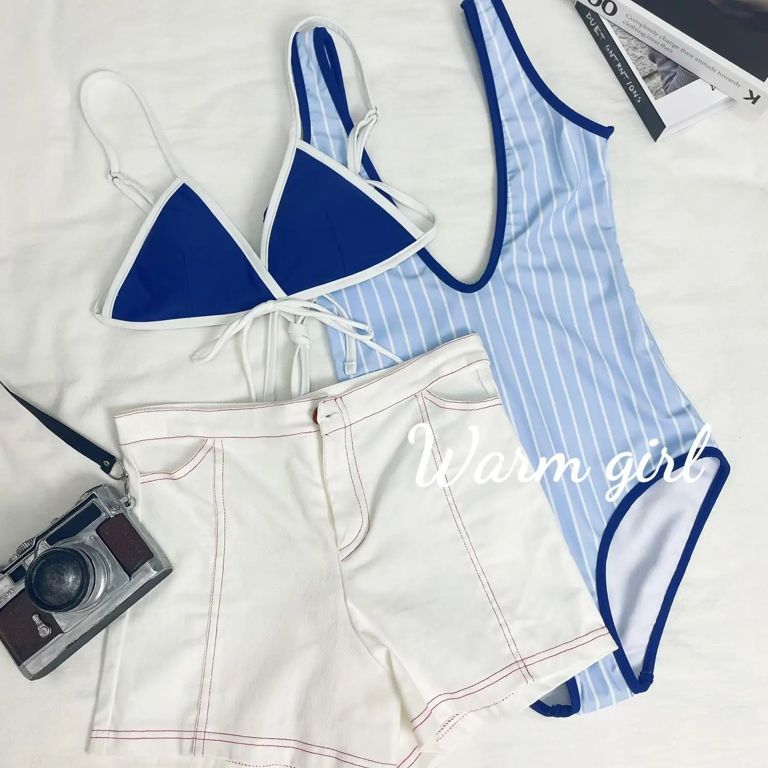 

Women Sexy Slimming Blue Striped Bikini Set Swimwear with White Shorts 3pcs Trendy Colorblock Beachwear for Summer Beach Holiday