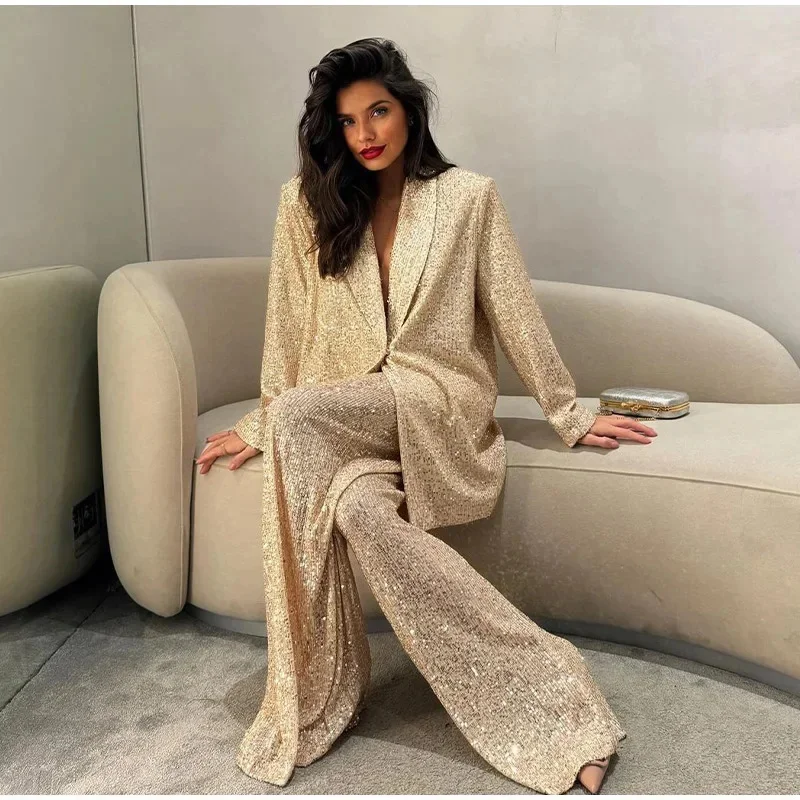 Fashion Sequines Jacket Pants Suits Women One Button Lapel Long Sleeve Coat Wide Leg Pant Suit 2024 Autumn Commuting Loose Set