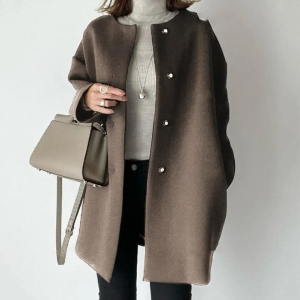 Long Sleeve Jacket Stylish Woolen Coat for Women Button-down Round Neck Jacket Mid Length Outerwear for Fall for Commuting