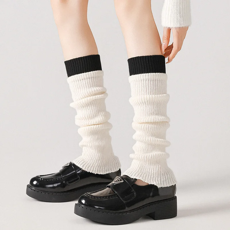 

Women Knitting Cotton Leg Warmer Autumn Winter Lolita Contrast Color Thermal Long Socks Foot Cover Cute Girl Slim Calf Stockings