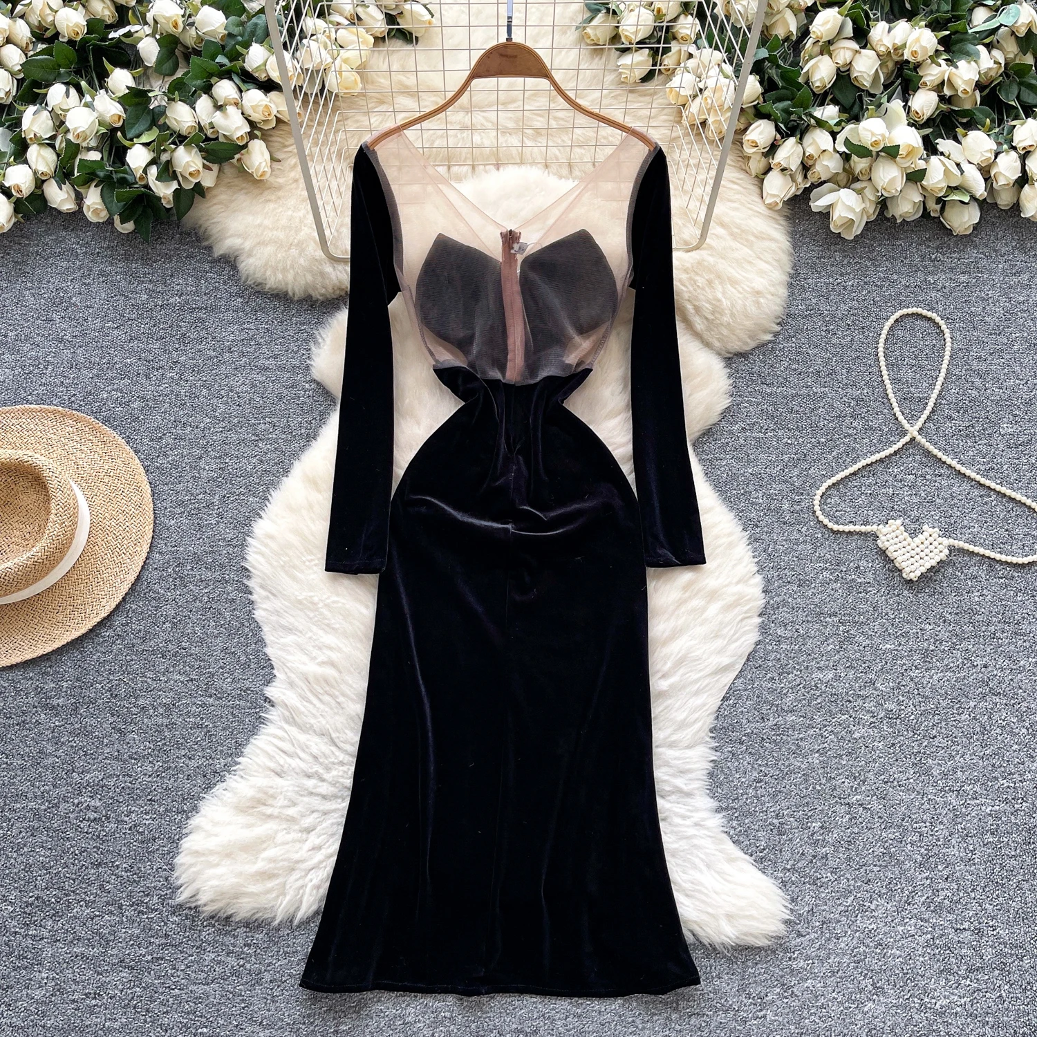 Seksowna, elegancka sukienka z weluru, asymetryczna, z siateczką, szykowna, vintage, damska, codzienna, odzież damska w stylu high street.