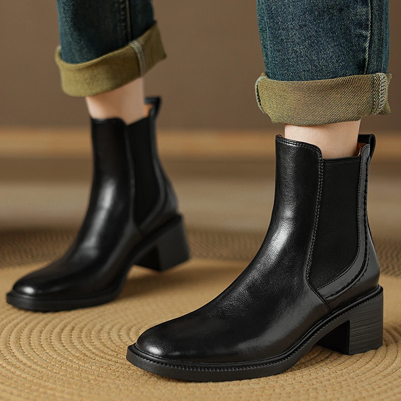 2024 Autumn Boots Women Split Leather Shoes for Women Round Toe Ankle Boots Chunky Heel Shoes Western Boots Казаки Женские Обувь