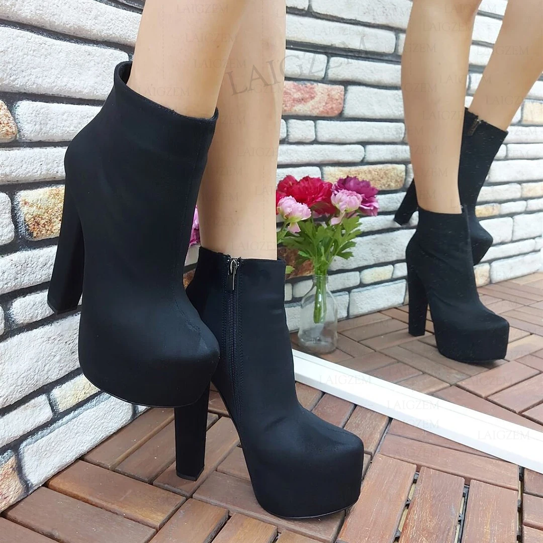 SEIIHEM Women Ankle Boots Zip Up Platform Block Thick High Heels Boots Ladies Unisex Shoes Woman Plus Size 40 42 45 47 50 52