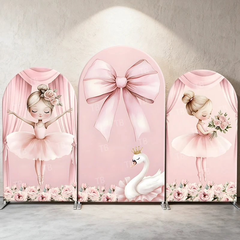 

Pink Ballet Arch Backdrop Cover Ballerina Girl Big Bow Swan Floral Kids Girl Birthday Baby Shower Party Photography Background