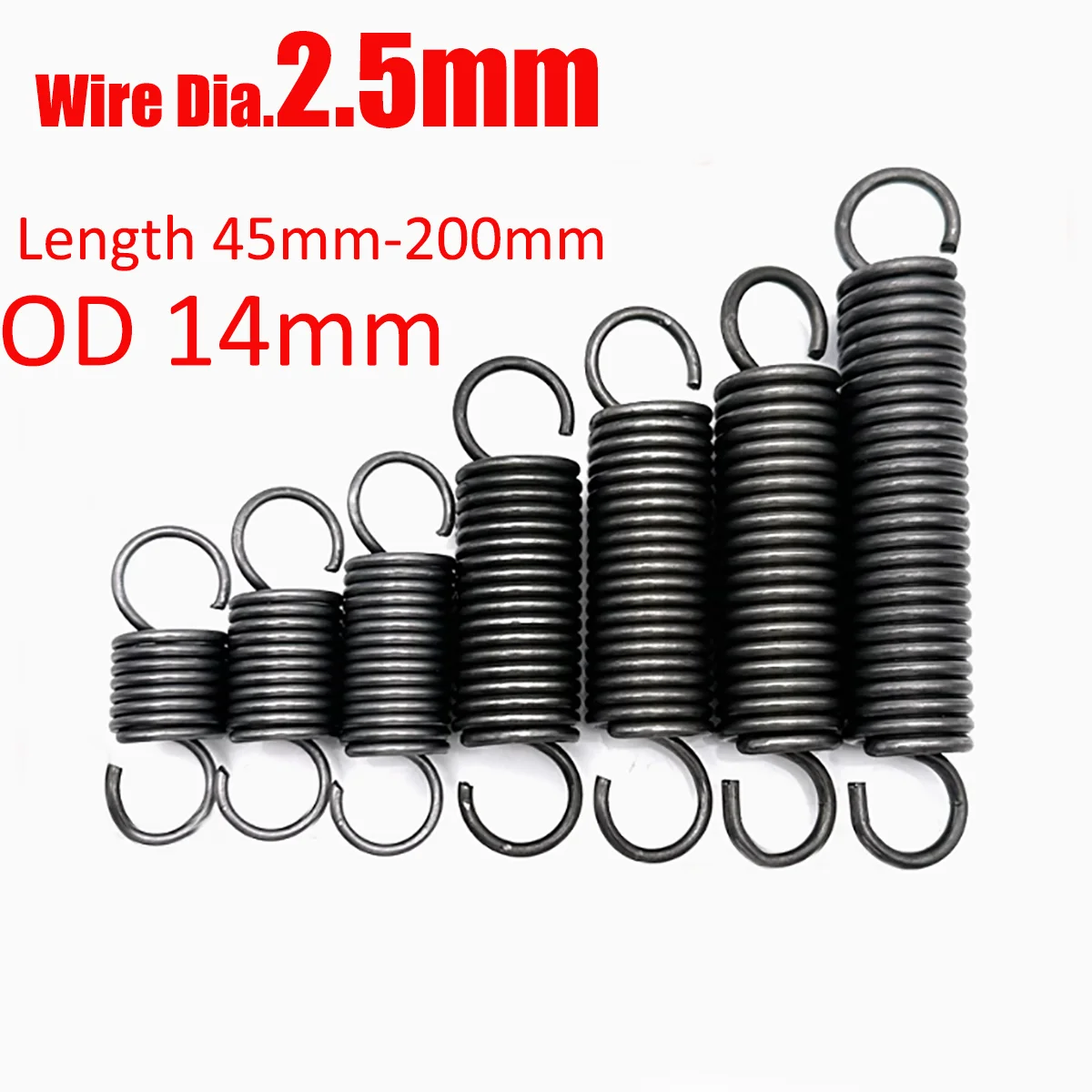 2pcs Extension Springs Wire Diameter 2.5mm OD 14mm Spring Steel Tension Expansion Spring Length 45/50/60/70/80-200mm Hook Ends