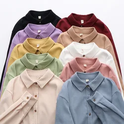 Women Autumn Corduroy Blouses Casual Female Spring Warm Sanded Fabric Shirts Ladies Solid Color Tops