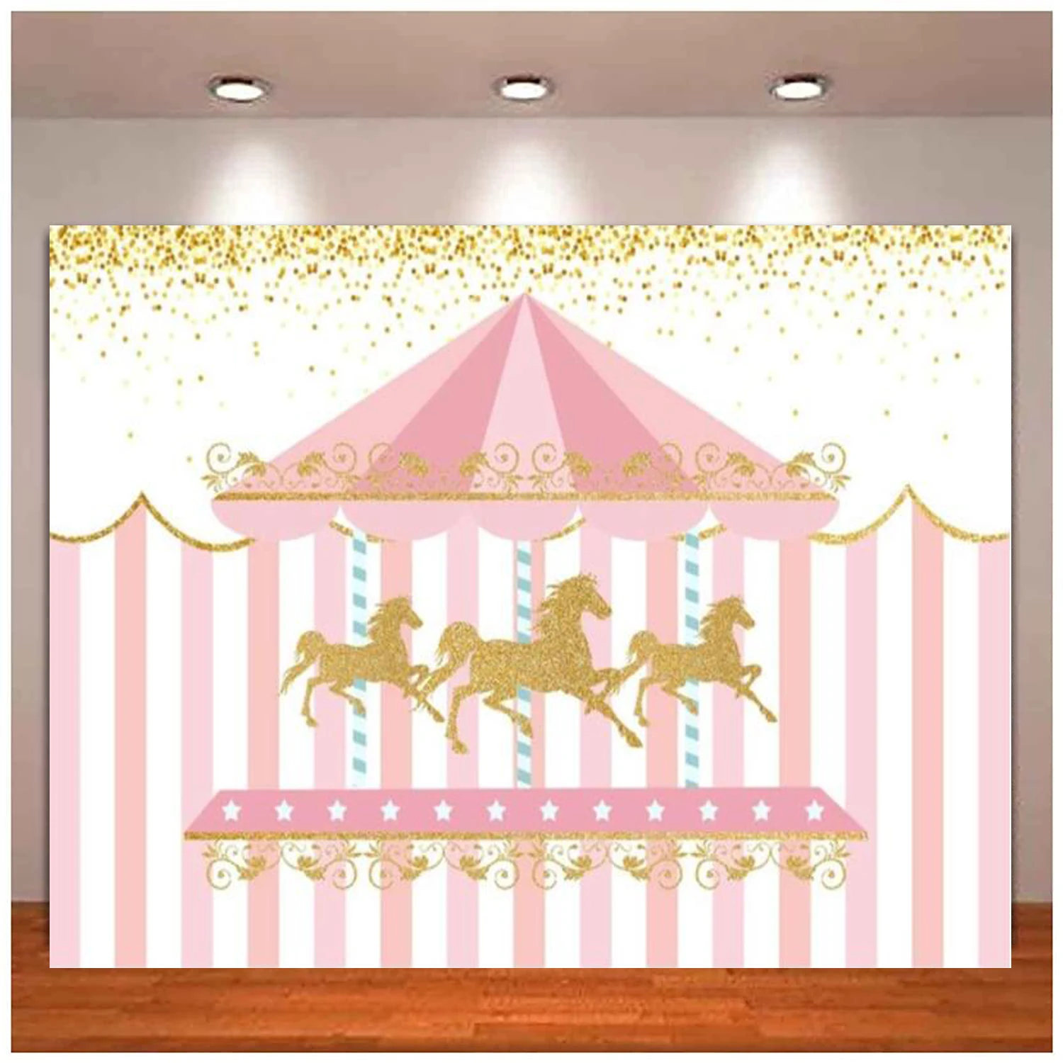 Carousel Photography Backdrop Kids Baby Girl 1st Birthday Party Cake Smash Gold Sequins Pink Stripe Background Baby Shower