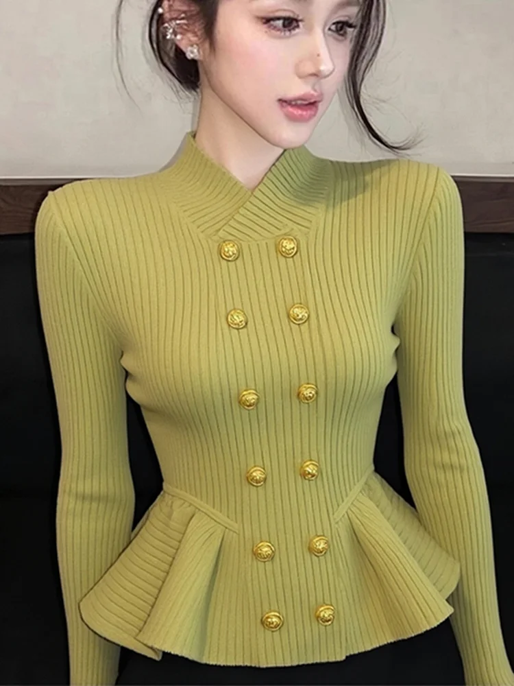 Top de punto largo con doble botón único para mujer Faionable Slim Fit Base irt Otoño Invierno Sli Bell Sve Cintura...