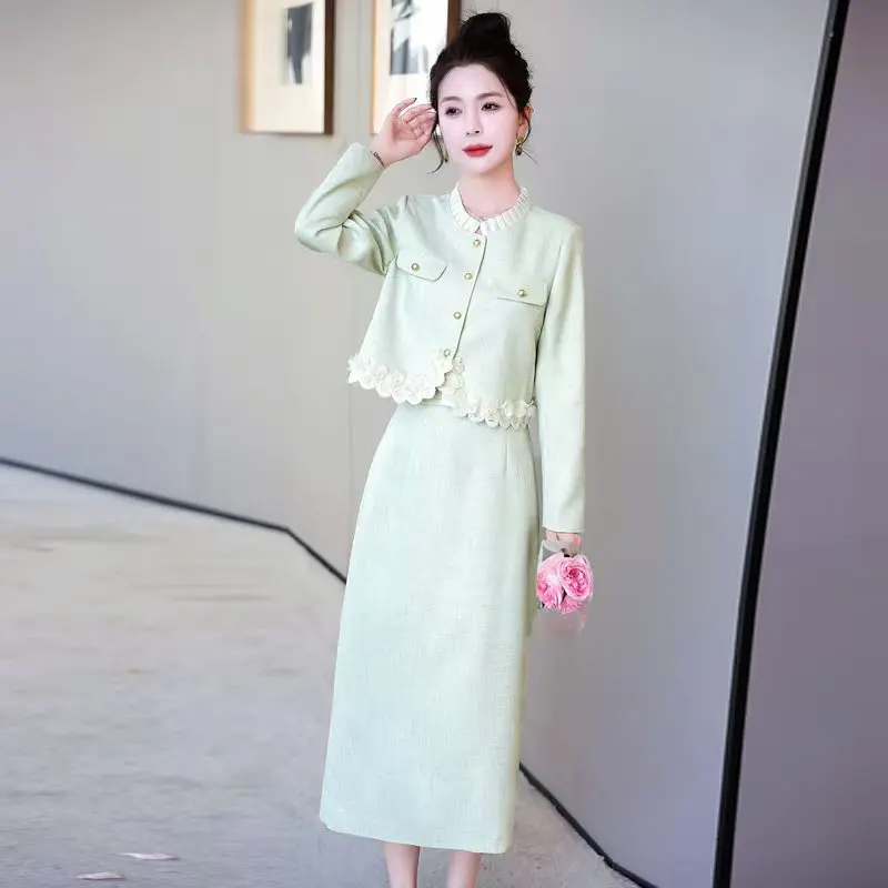 French Style New Fashion Women Autumn Winter 2 Piece Set Office Casual Sweet Outwear Jacket +Long Skirts Sets