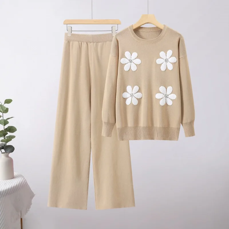 

Fashion and casual Loose flower knitted pullover+elastic waist pants 2-piece set for autumn and winter Women's Sets Woman
