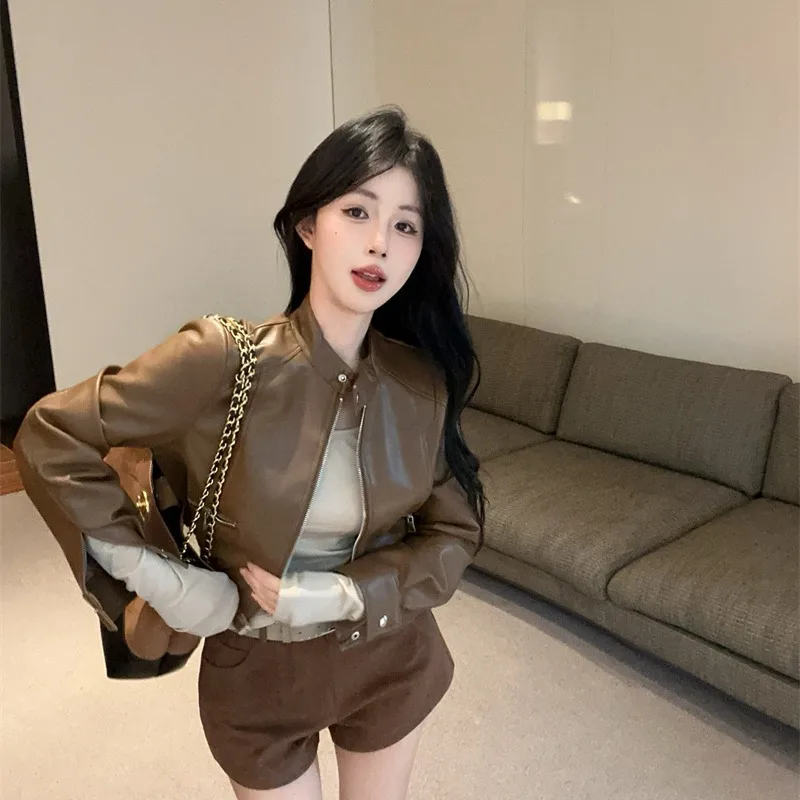 Hong Kong Sle ort Biker Jaet femmes taille haute manteau en cuir PU polyvalent automne nouveauté Faion haut pour femme