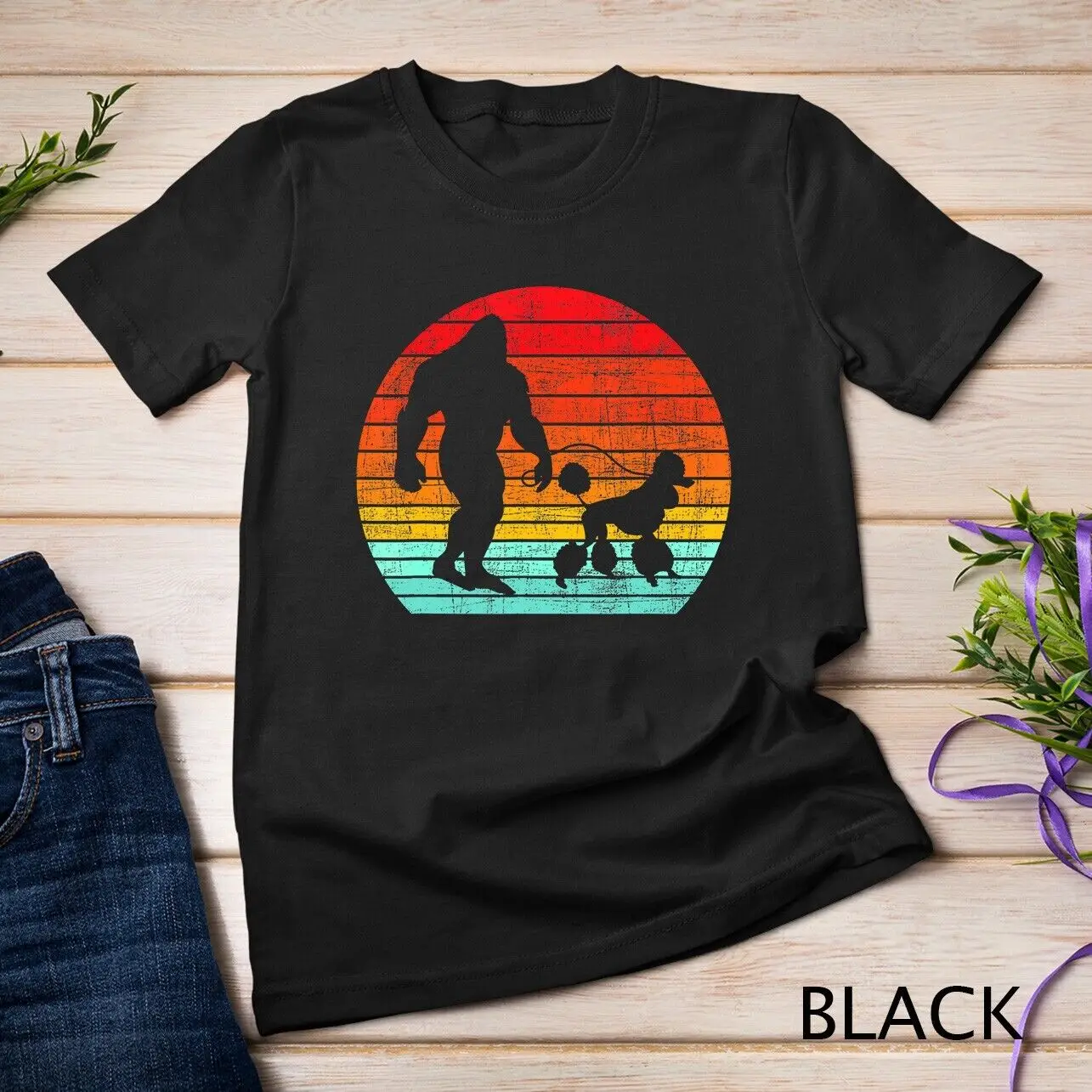 Retro Sunset Bigfoot And Poodle - Puppy Owner Dog Lover T-Shirt Unisex T-shirt