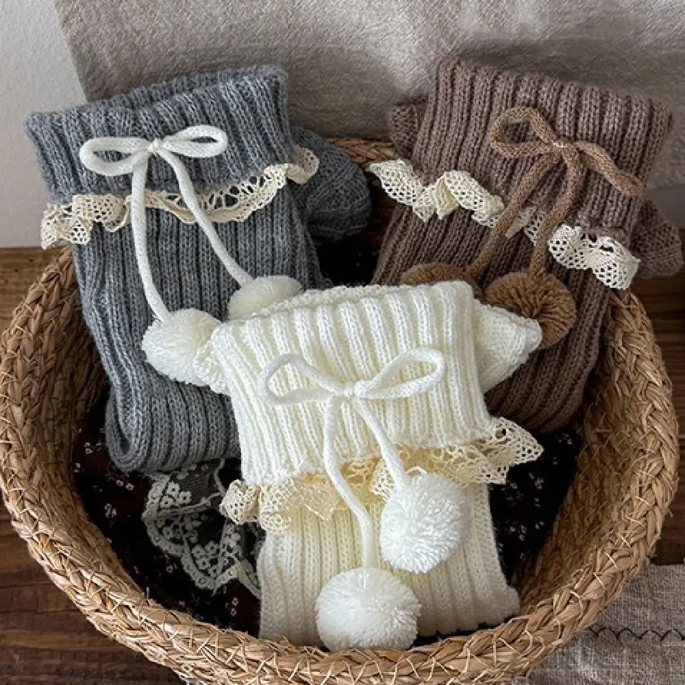 Ocieplacze na nogi w stylu Y2K, dziergane, z koronką, słodkie Lolita, z kokardką, nakładki na buty, grube, ciepłe, jednokolorowe, marszczone skarpetki, dla uczennic.