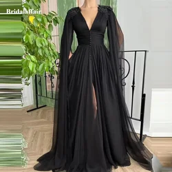 Elegant Long Sleeve Ball Gowns with Cape Lace Applique Slit Fomal Evening Party Gowns with Pockets Tulle Prom Dreses Plus Size