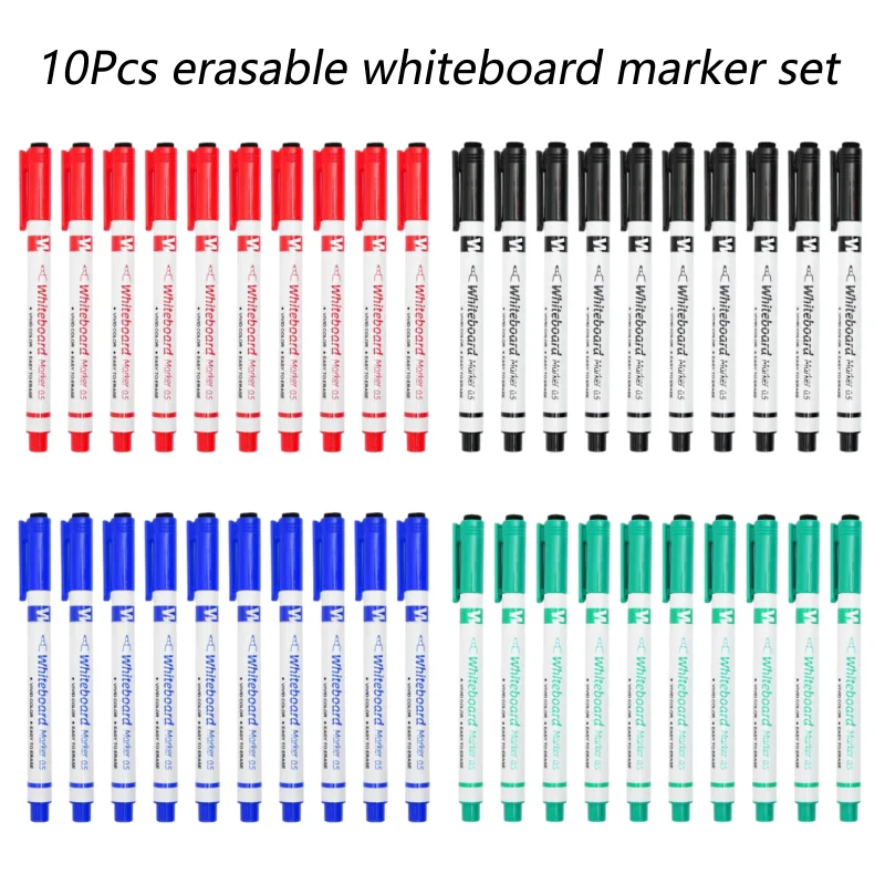 10Pcs Extra Fine Tip 0.5mm Dry Erase Whiteboard Markers Pen with Eraser Four Colors For Office School Home Office