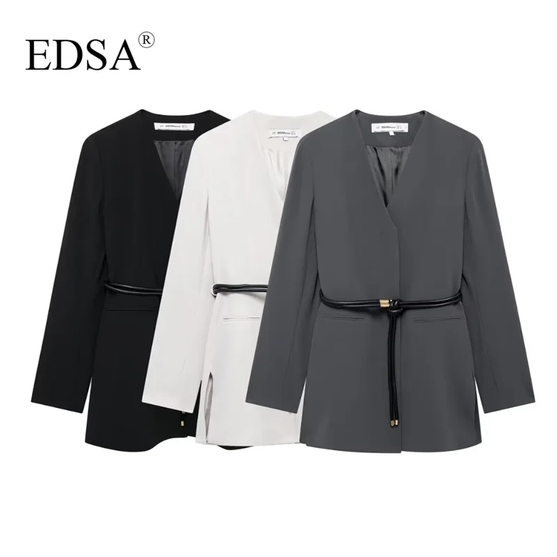 EDSA Women Belt Blazer Long Sleeves with Shoulder Pads V-Neck Jacket Long Sleeves for Office Lady Coat Outerwear