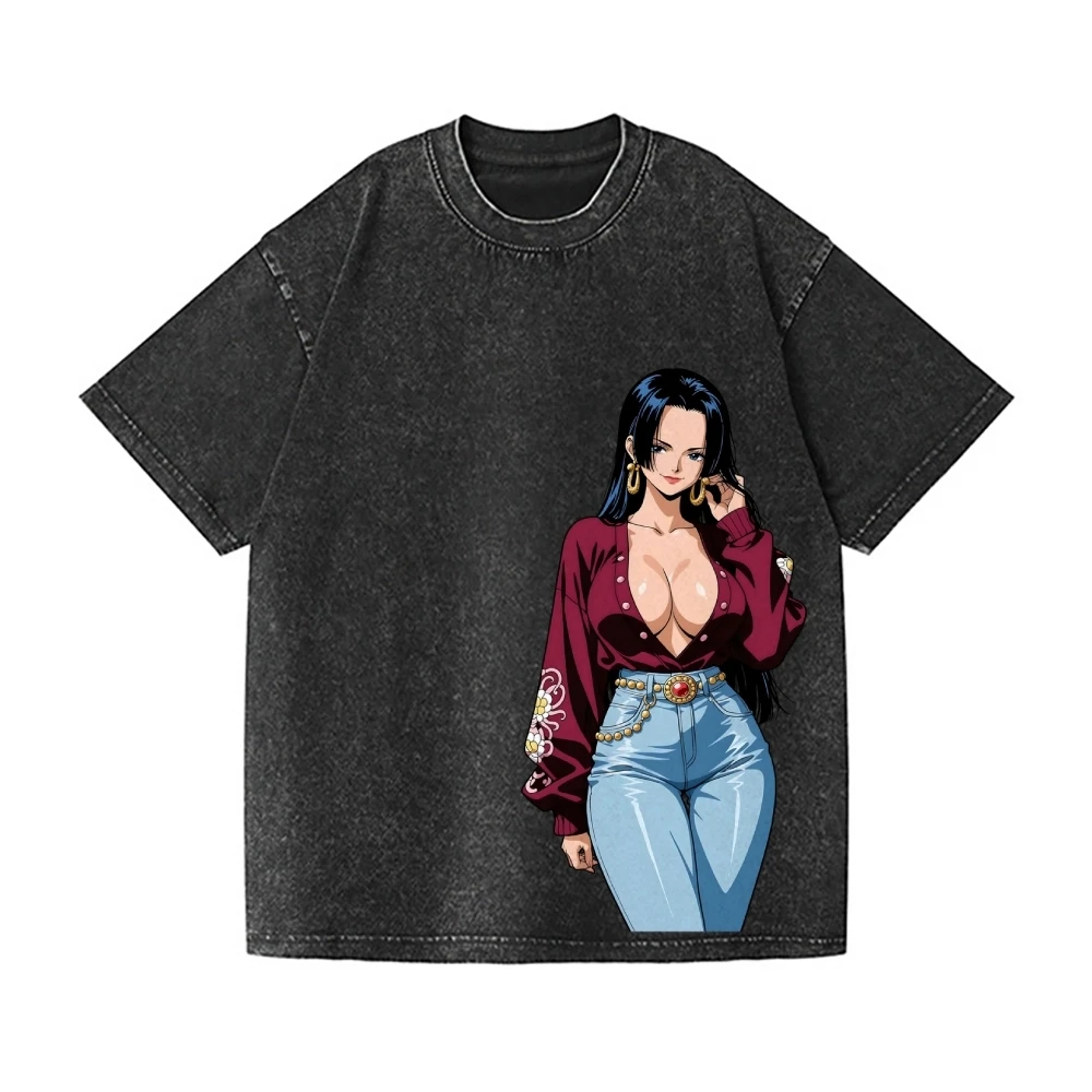 ONE PIECE Boa Hancock Vintage Wash Japanese Design T-Shirt High-quality Streetwear Men's Clothing Women 2026 Summer New T Shirt