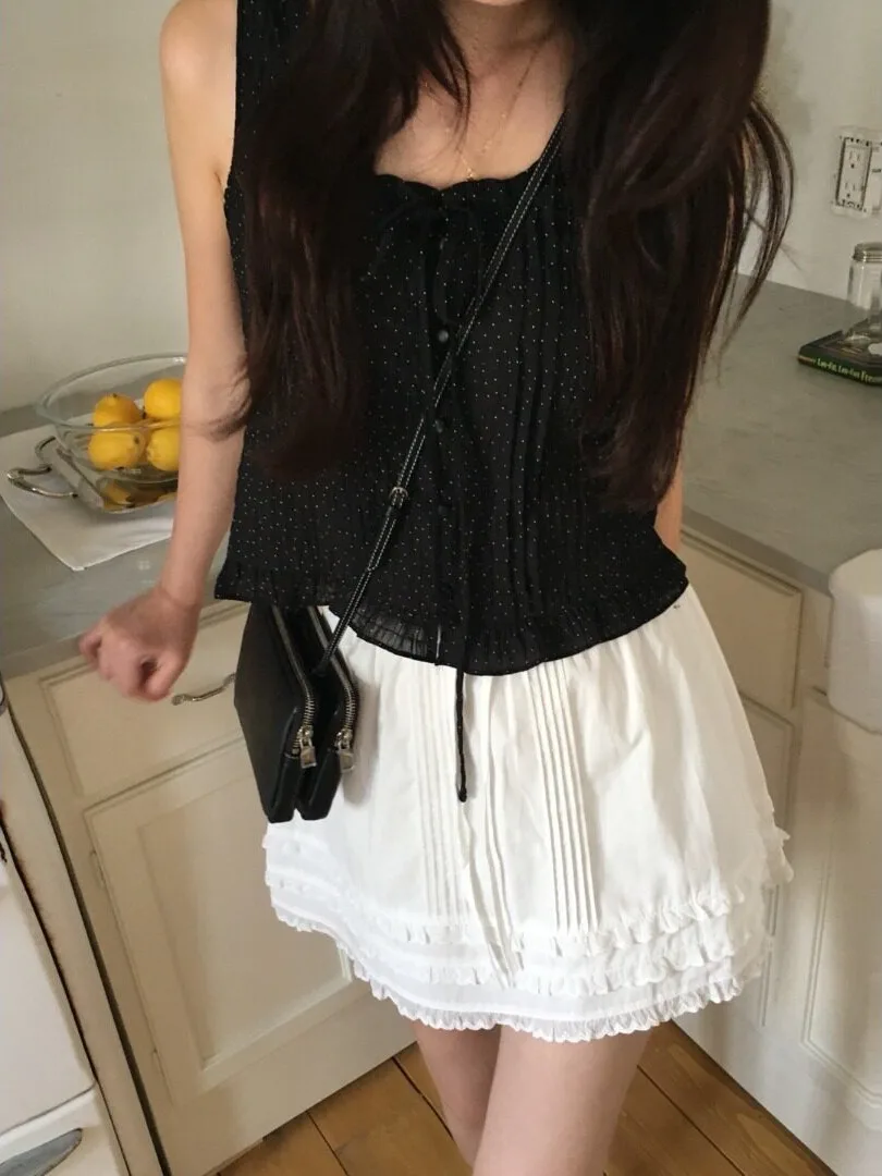 Summer Polka Dot Drawstring Single Button Vest Korean Style Women's Sweater Inner Wear Regular Fit Casual Versatile Top