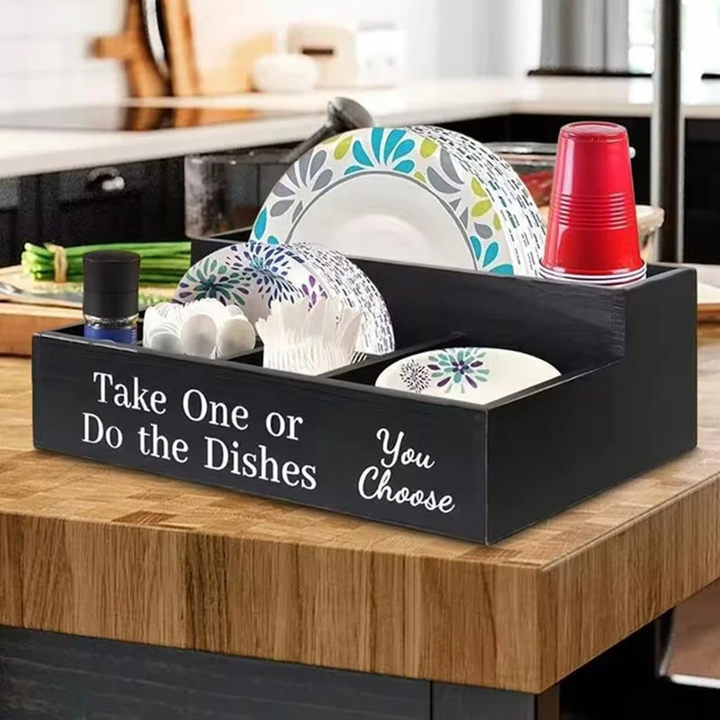 

Top-Farmhouse Rustic Wooden Plate Cup Napkin Dispenser Box Paper Plate Organizer Portable Picnic For Cups Forks Spoon Plates