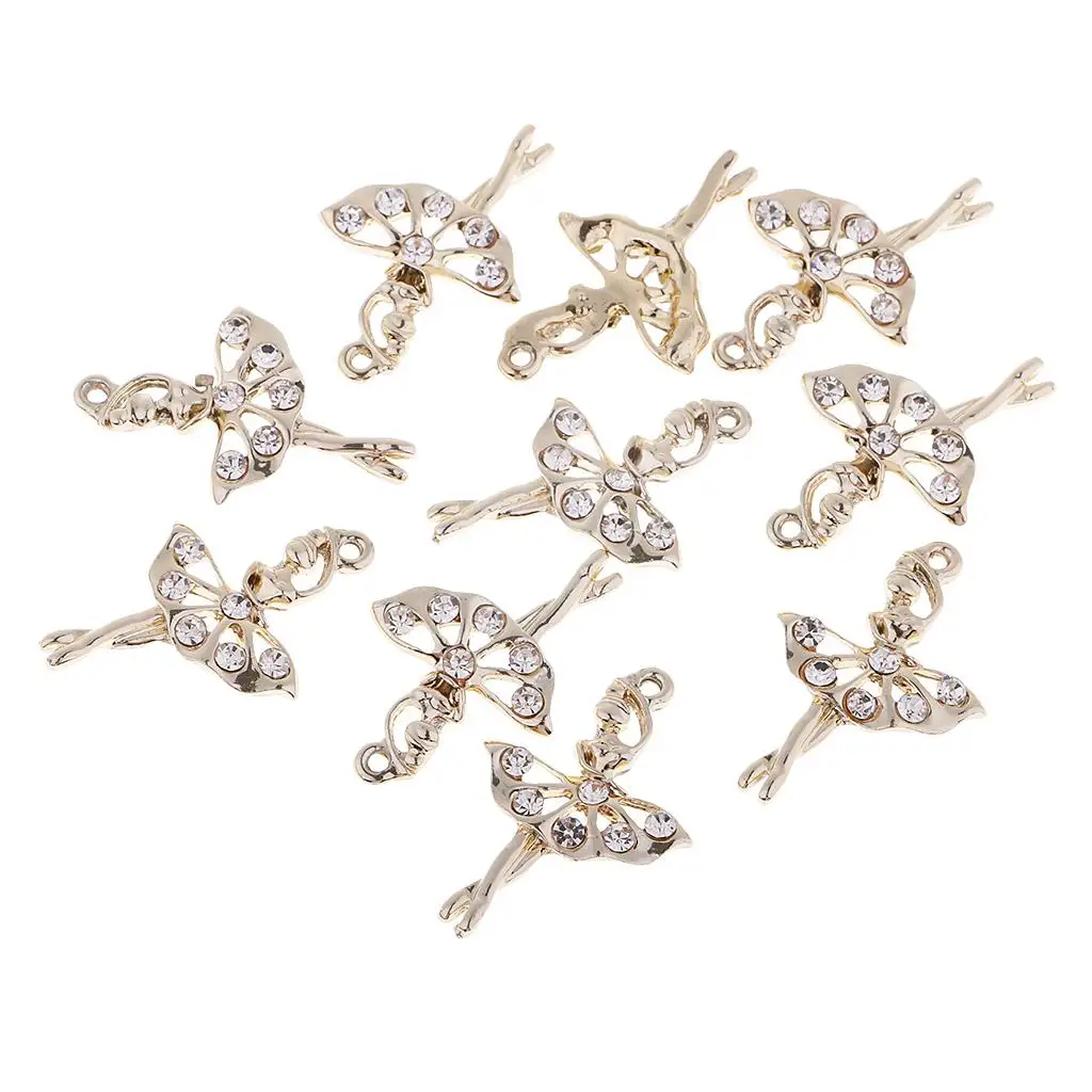 10Pcs Rhinestone Fairy Ballet Dancer Ballerina Girl Gold Color Alloy Charms Necklace Pendant DIY Jewellery Making for Women Girl