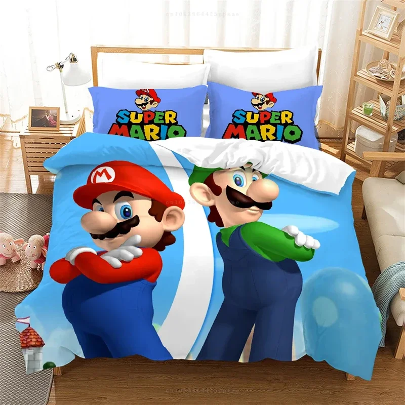 Funda nórdica de Super Mario Anime para niños y adultos, decoración de dormitorio, juego de tres piezas, funda de edredón, dos fundas de almohada