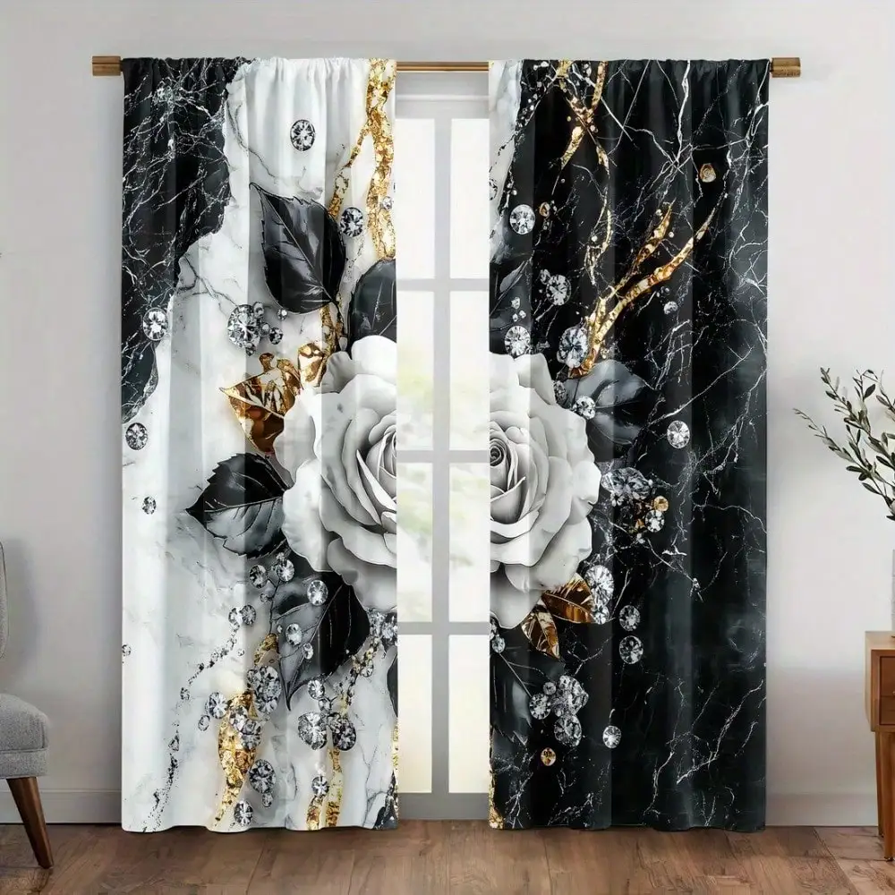 2PCS Elegant Golden Marble Embossed Curtains With Diamond Rose Print, Light Filtering Drapes, Machine Washable Polyester Fabric