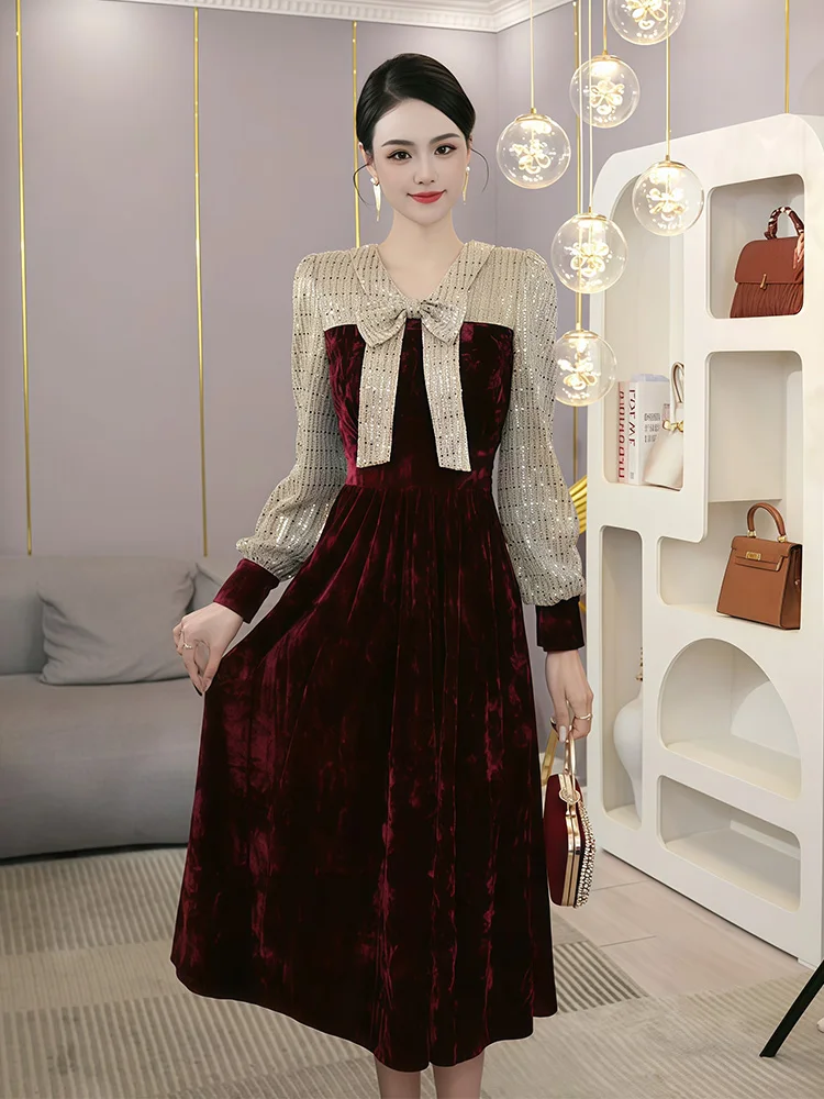 

Ele Red Velvet Long Dr for Women Attend Important Ocns Autumn Winter New Design Sense Lightweight Luxury Splicing
