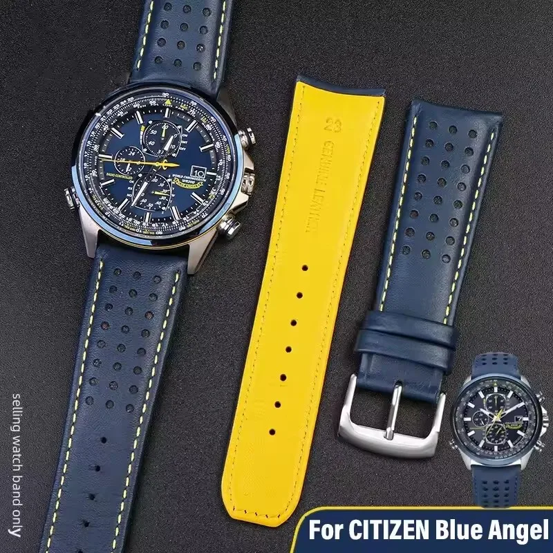 Curved End Leather Watchband for Citizen Blue Angel AT8020-54L/8020-03L JY8078 AT8020 Series Bracelet Strap 22mm 23mm