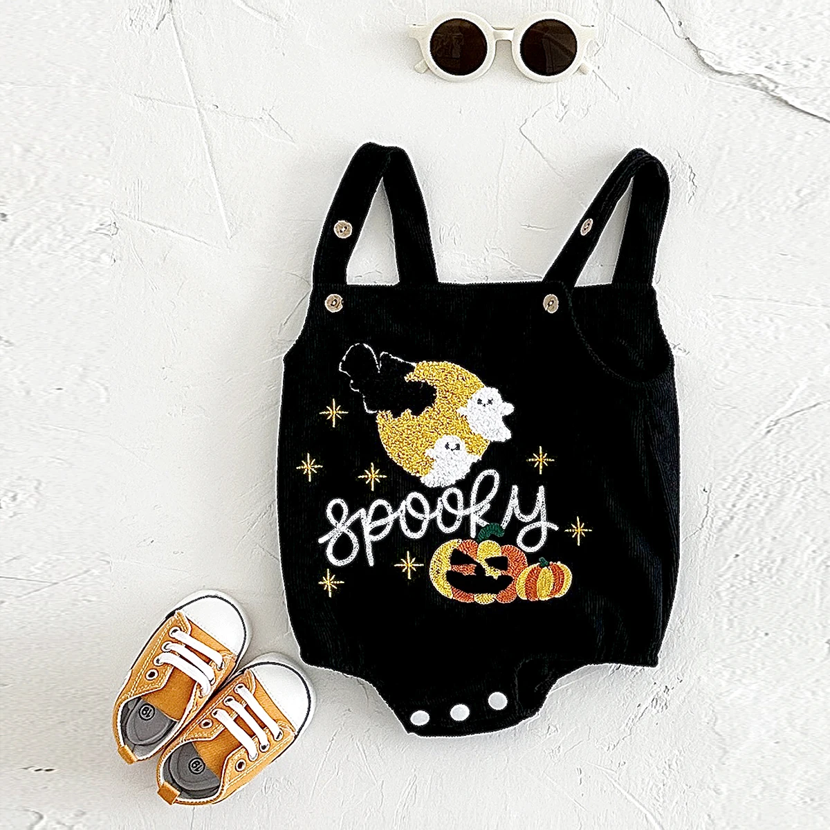 0-18M Infant Clothes Baby Boy Girl 1st Halloween Pumpkin Ghost Embroidery Bodysuit Fall Bubble Romper Toddler Corduroy Overalls