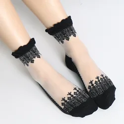 1Pair Women Lace Ruffle Ankle Sock Soft Comfy Sheer Silk Cotton Elastic Mesh Knit Frill Trim Transparent Women's socks Hot 2022