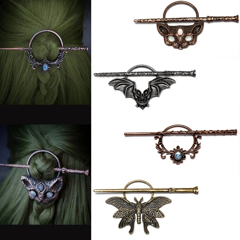 gothic bat cat hair fork vintage animal hairchopstick hairpins disk stick hairclip witch Viking women jewelry accessories gifts