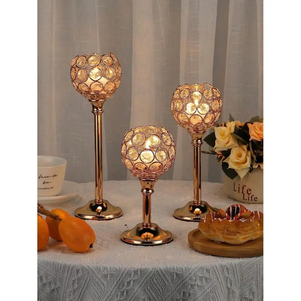 3pcs Gold Crystal Candlesticks Packed In Sturdy Carton To Ensure Product Perfection, Creative Metal Candlestick Decoration, Can
