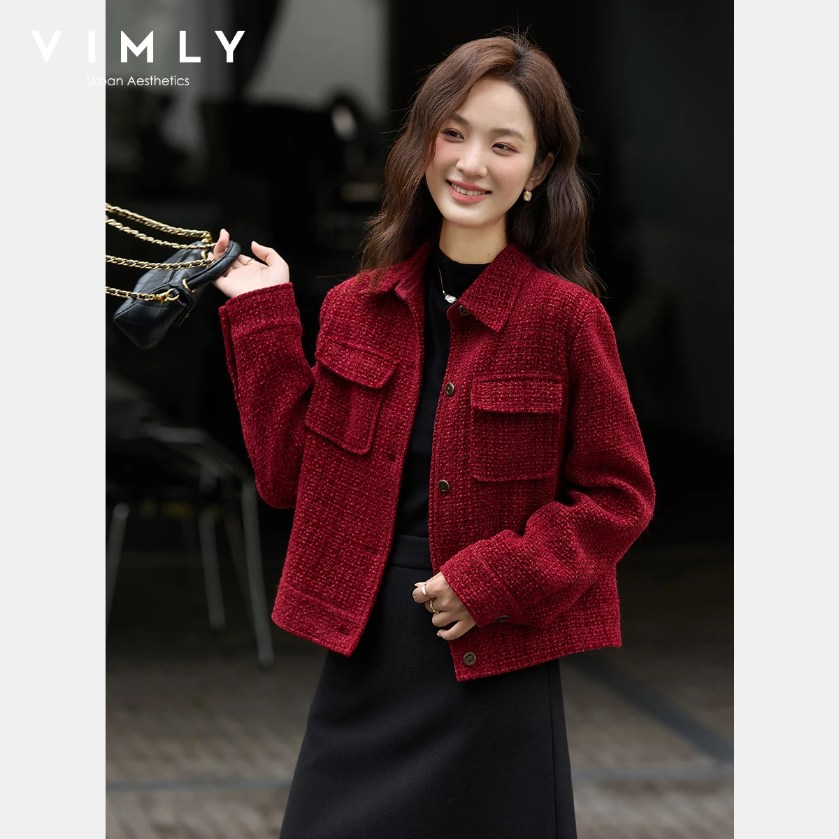

VIMLY красное винтажное шерстяное пальто, элегантное женское осеннее пальто 2024, стеганая твидовая куртка с небольшим ароматом, стеганая куртка с отложным воротником A3158