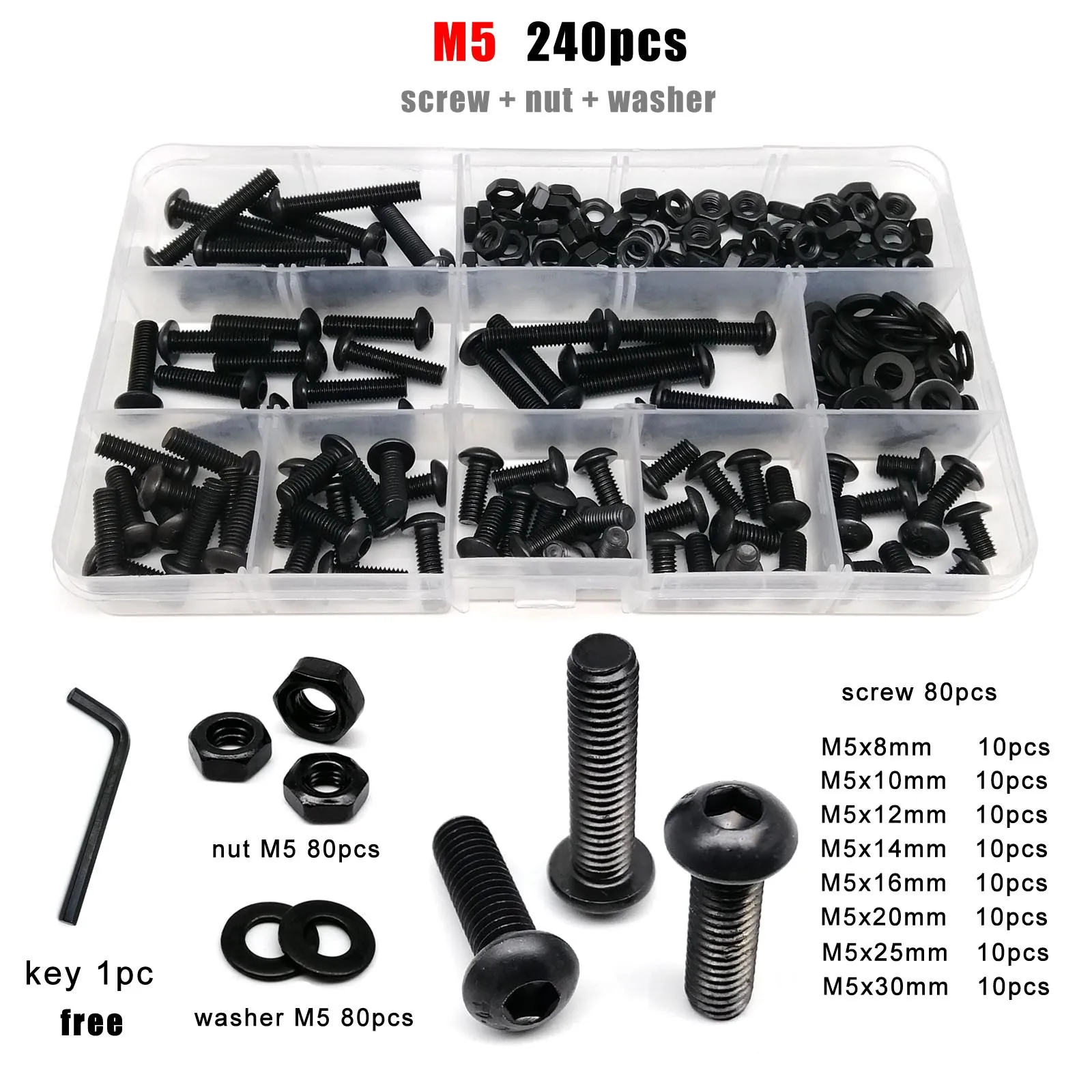 M1.6 M2 M2.5 M3 M4 M5 M6 M8 Zwart Grade 10.9 Staal Hex Hexagon Socket Allen Knop Ronde Kop Schroef Bout Moer Assortiment Kit Box