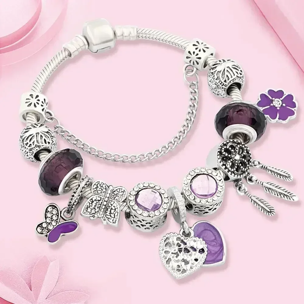 Dropship Purple Enamel Petal Flower Heart Charm Bracelet Butterfly Dream Catcher Bead Bracelet Fashion Women Gift