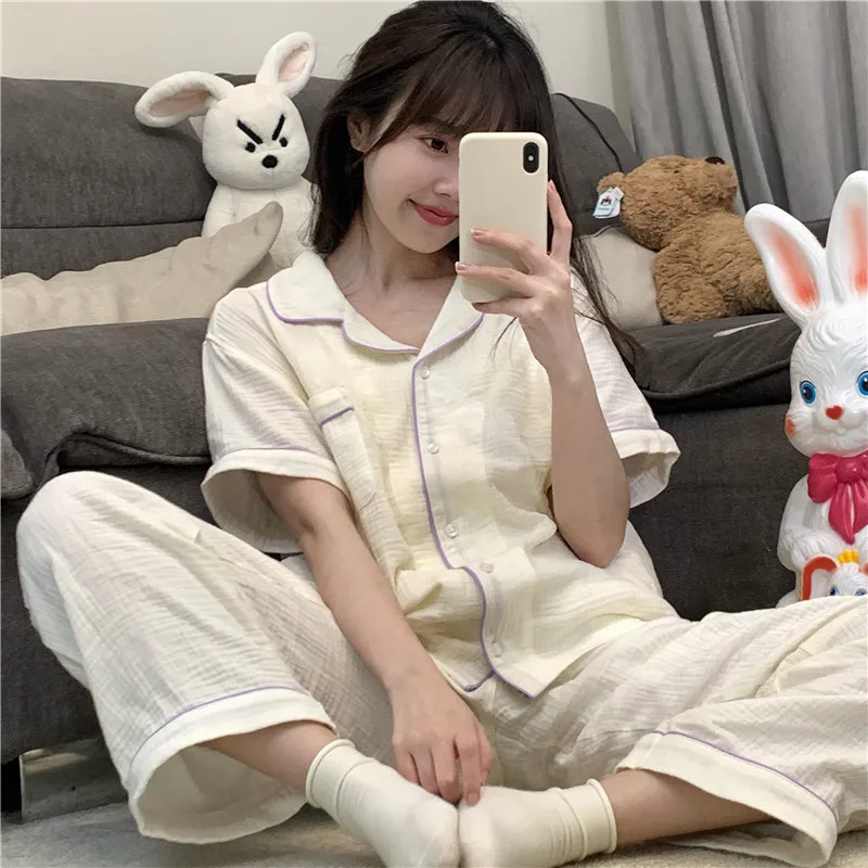 Solid Soft Cotton Spring Pajamas Set Women Single Breasted Shirts Tops + Trousers Two Piece Home Suit Pocket Sleepwear Sweet