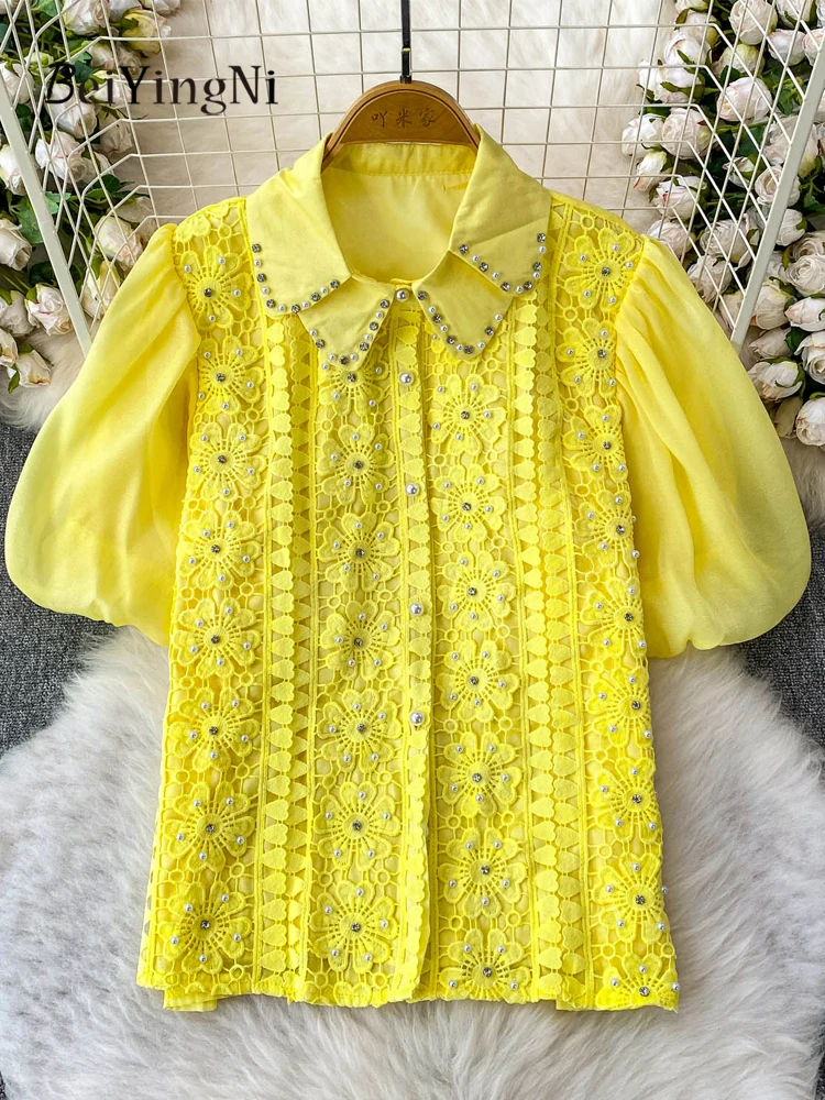 

Beiyingni 2025 New Style Women Shirt French Heavy Industry Beading Lace Spliced Female Tops White Casual Lantern Sleeve Shirts