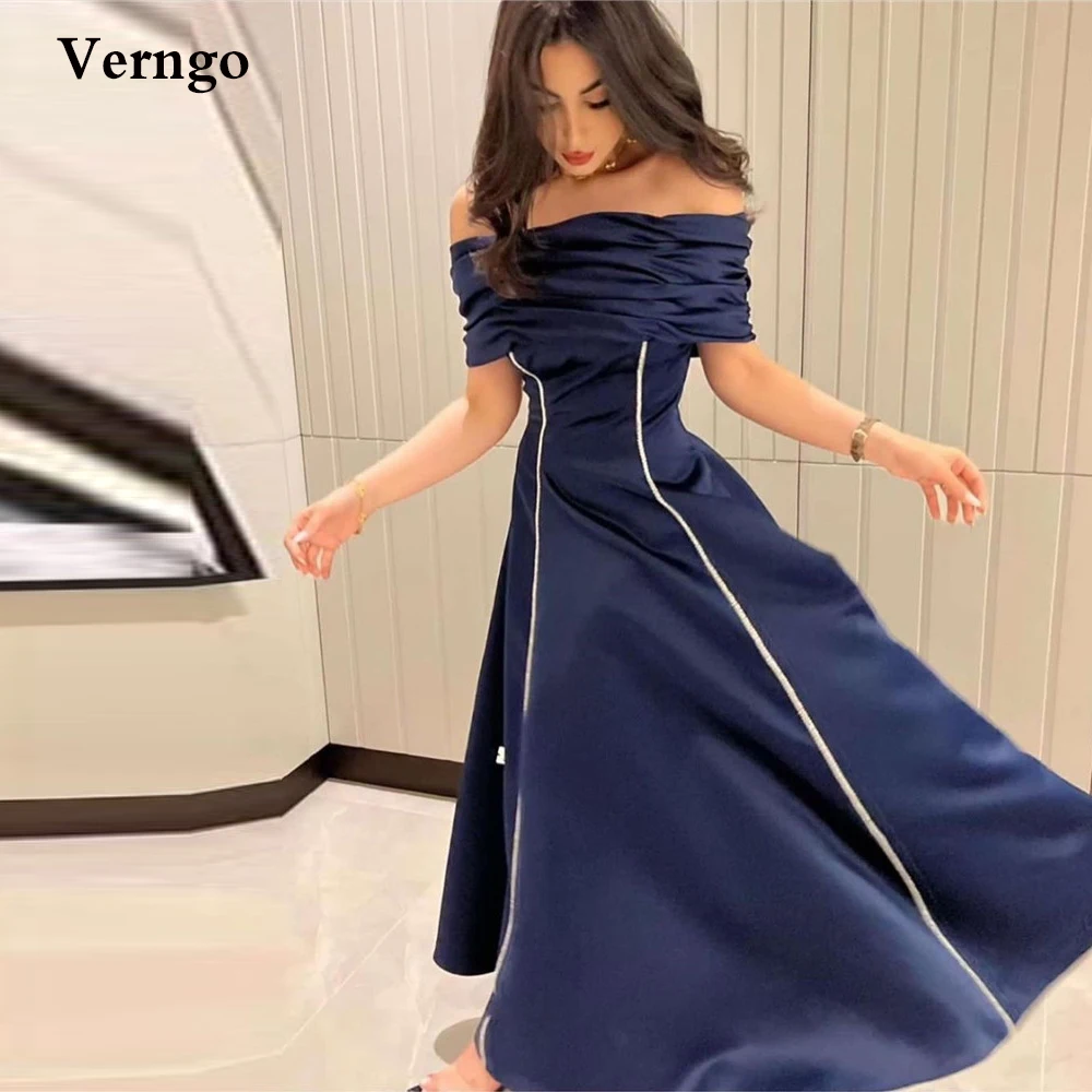

Verngo Navy Blue Taffeta Evening Dresses Off the Shoulder A Line Ankle Length Prom Dress Arabic Women Simple Formal Party Gowns