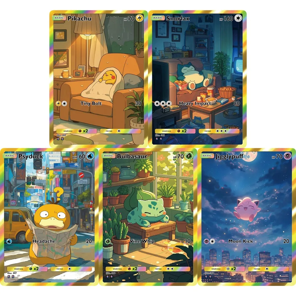 

Набор из 5 коллекционных карт Pokemon: Snorlax, Psyduck, Bulbasaur, Jigglypuff. Милые голографические карты PTCG для игры и коллекционирования. Подарок для покемонов.