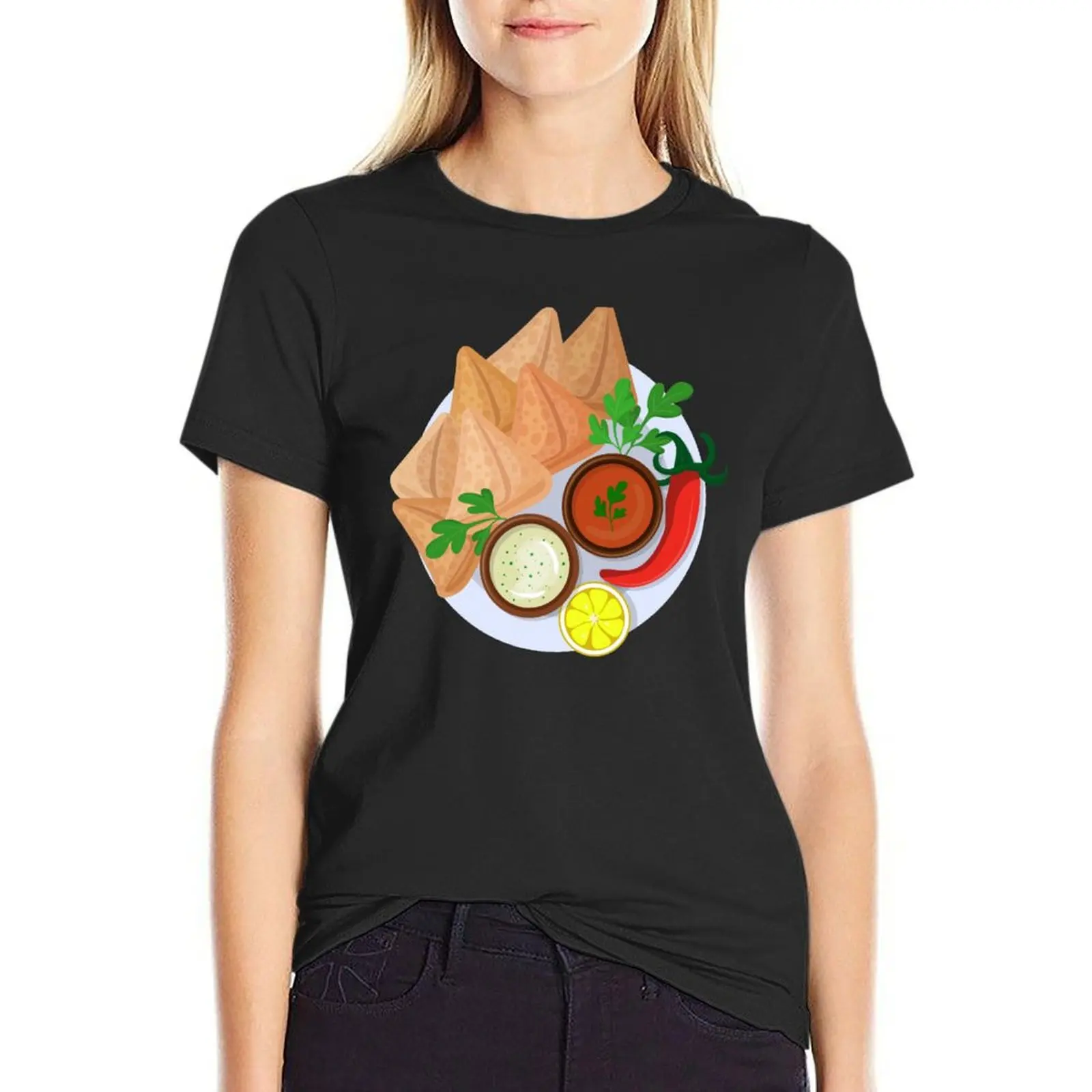 

Fried Indian Samosa with Dipping Sauces T-shirt vintage clothes female summer clothes white t shirts for Women